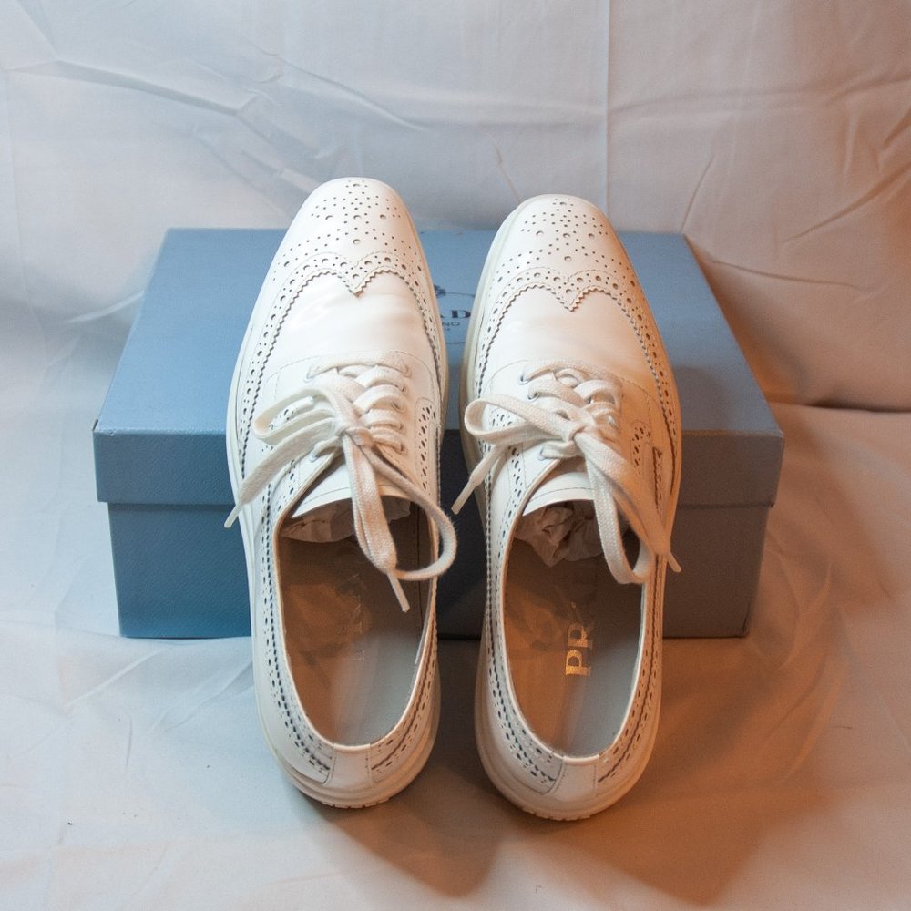 Prada White Leather Wingtip Oxfords - Picture 4 of 13